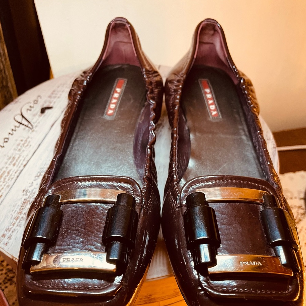 Prada burgundy patent lather shoes